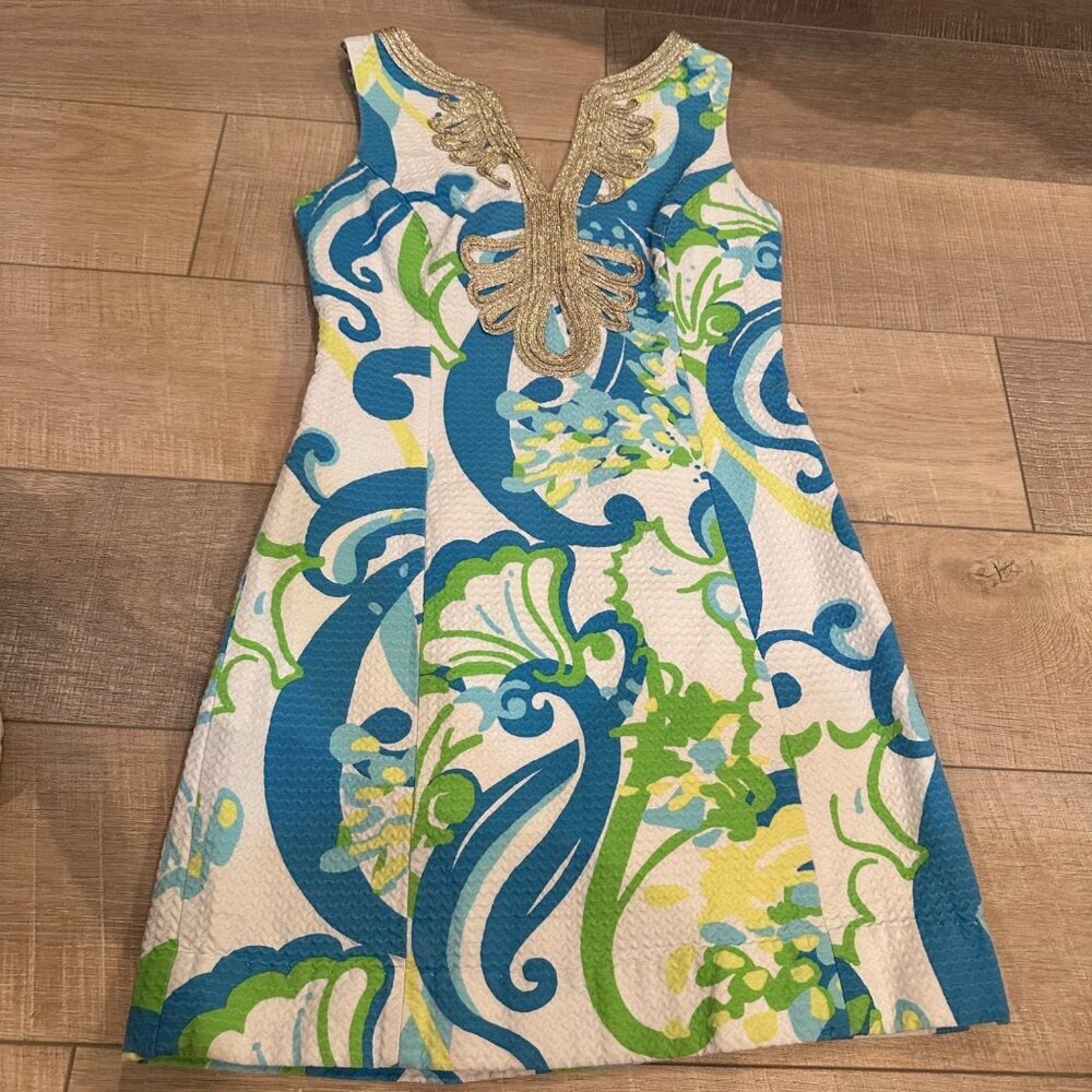 LILLY PULITZER WOMENS SLEEVELESS YELLOW BLUE WHITE SHORT DRESS 0